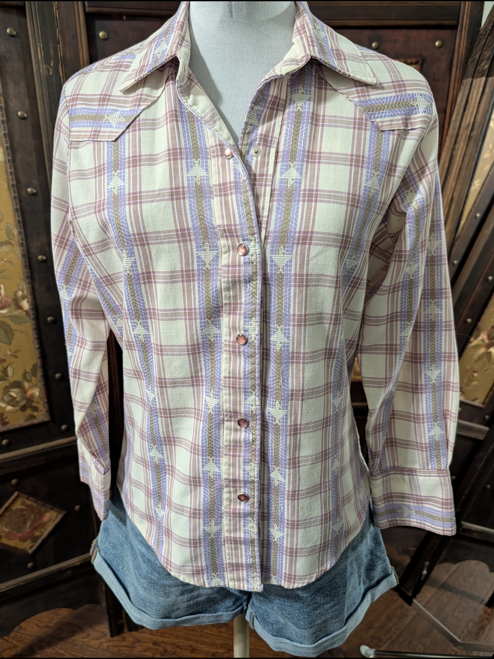 Vintage Lavender Plaid Western Shirt Pearl Snap Buttons Lightweight Size Small S